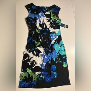 Ralph Lauren Black Floral Midi Dress with Blue & Green Blooms  NWT